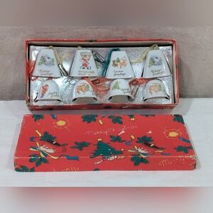 Vintage 1950s/60s Set of 8 Christmas Bone China Bell Ornaments Marked Japan 2"